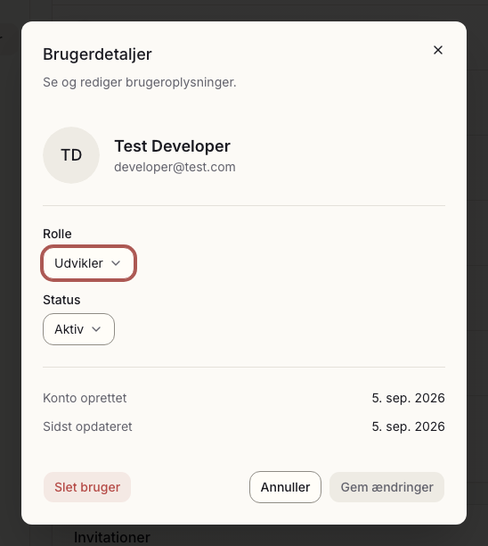 Dialogen Brugerdetaljer med Rolle og Status