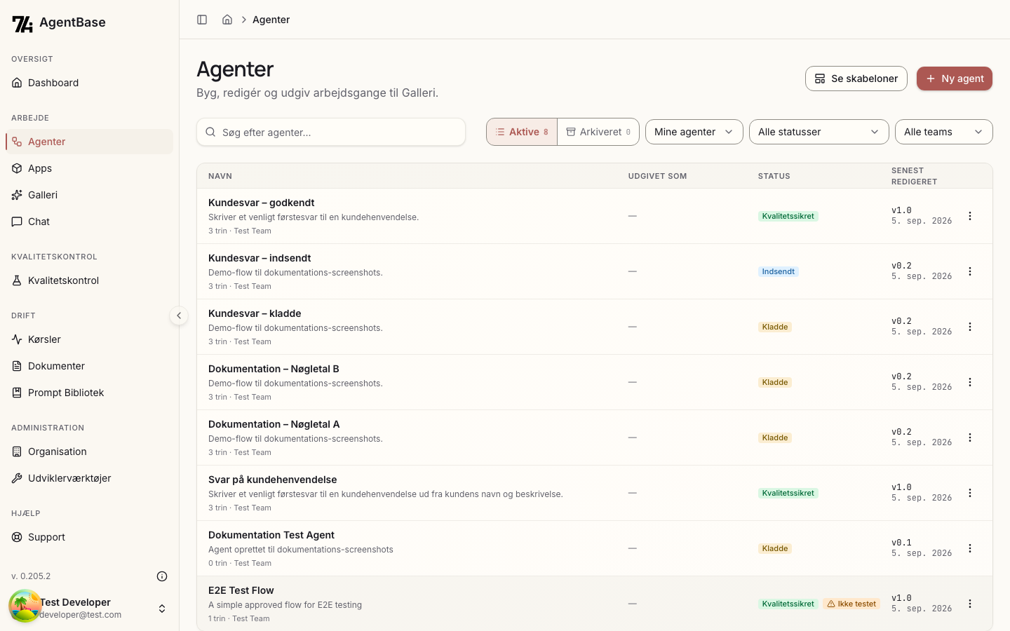 Agenter-listen med filtre, arkiv-kontakt og kolonnerne Navn, Udgivet som, Status og version med dato