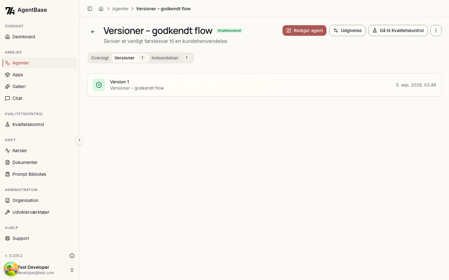 Agentens side med fanen Versioner valgt