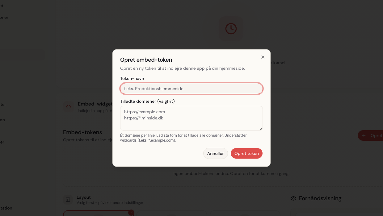 Opret token dialog