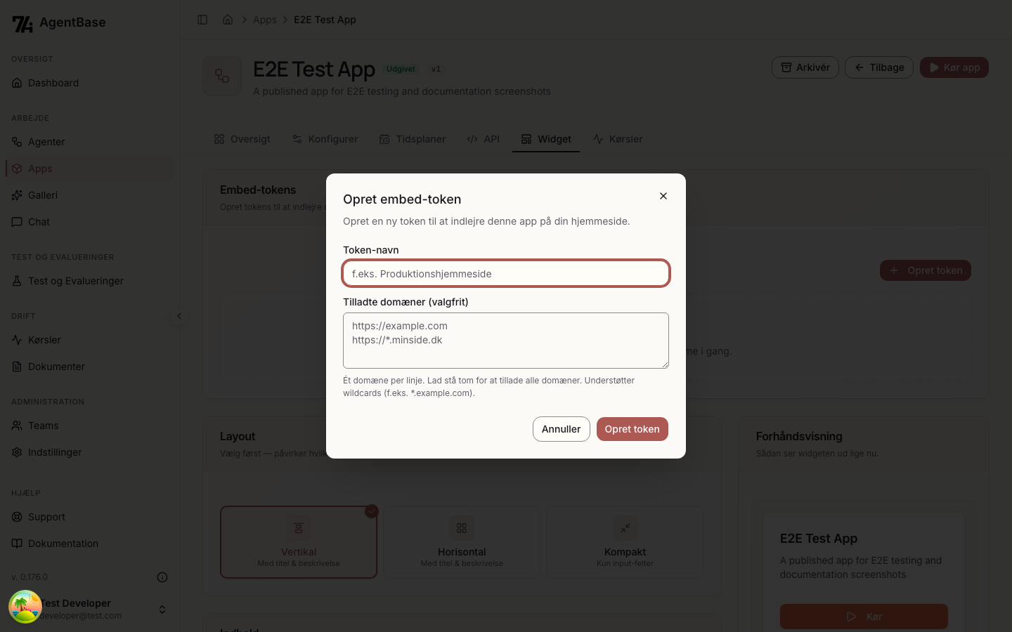 Opret token dialog
