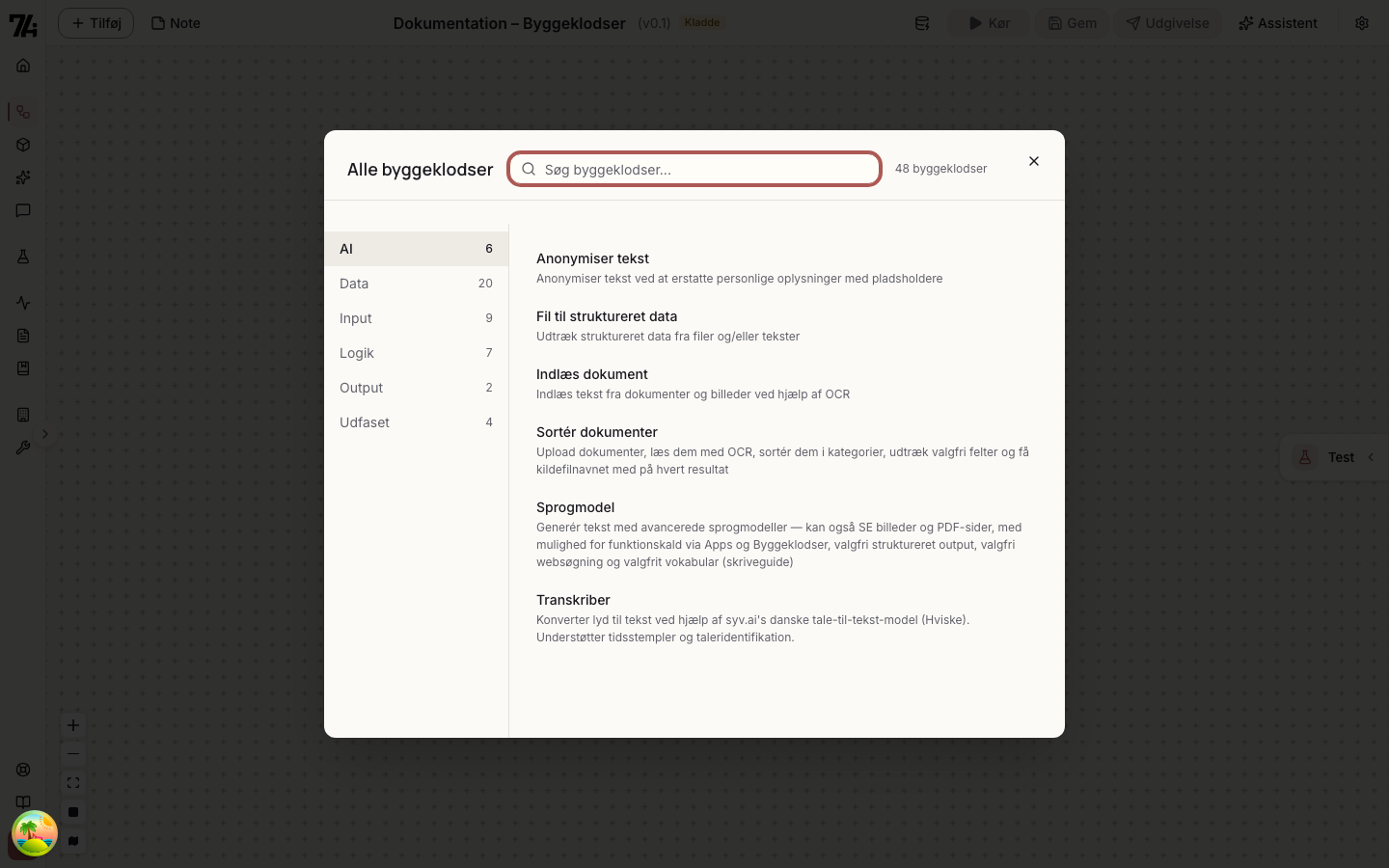 Alle byggeklodser grupperet efter kategori