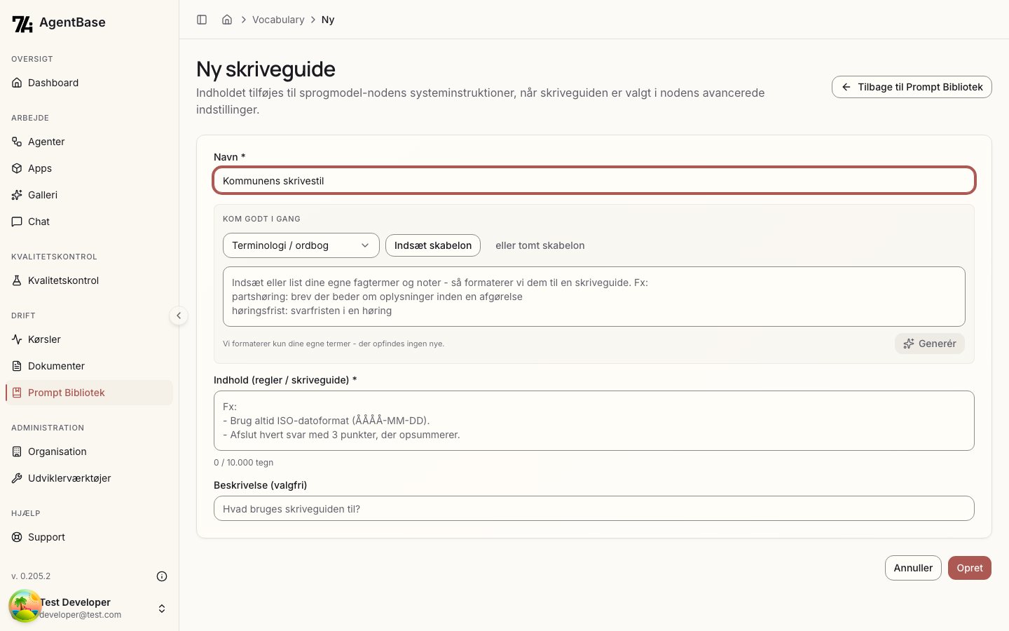Editoren "Ny skriveguide" med hjælpeblokken "Kom godt i gang" og felterne Navn, Indhold og Beskrivelse