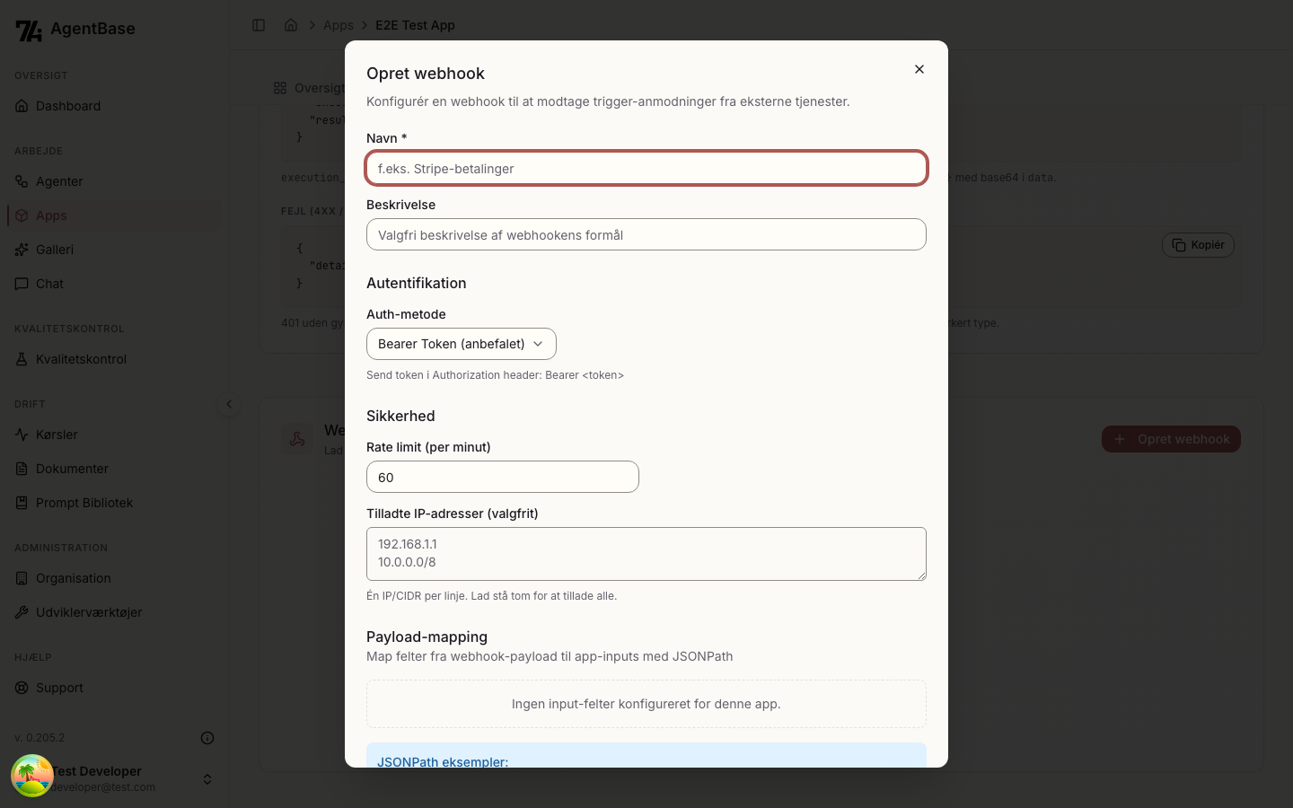 Opret webhook dialog